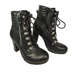 GUESS Black Faux Leather Chunky Heel Bootie Combat Boots 7.5M Grunge Goth Street